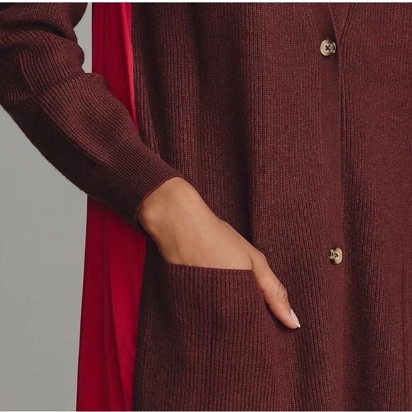 NWT ANTHROPOLOGIE Long Twofer Cardigan Sweater S Two Tone Duster Red Brown - Picture 5 of 5